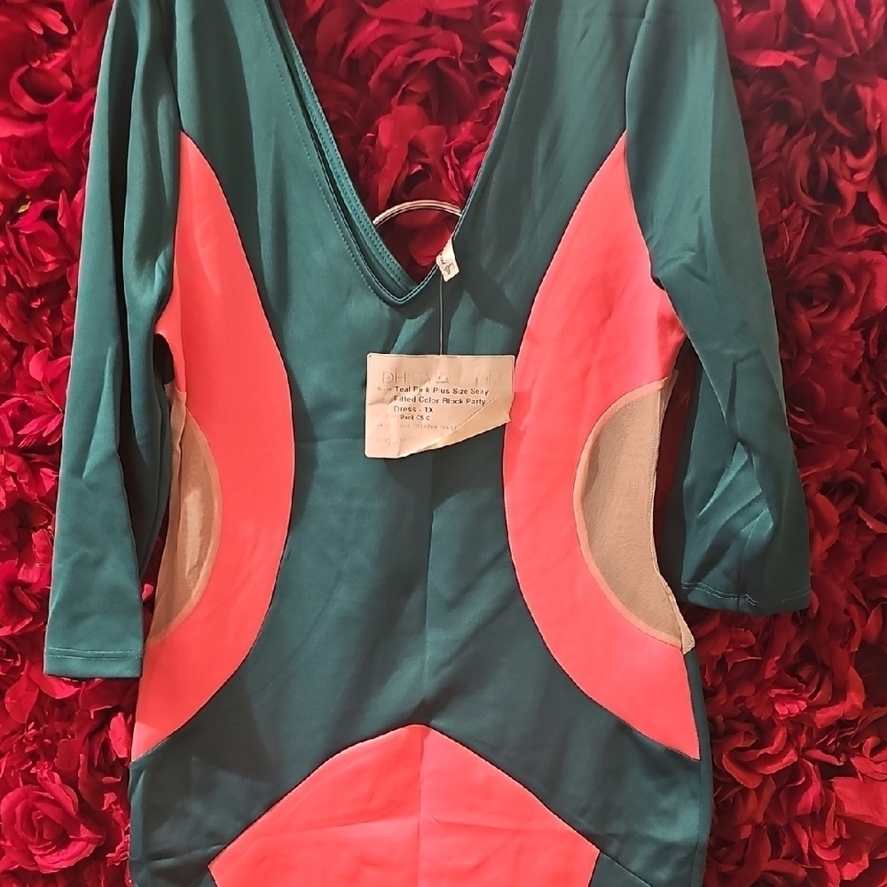 Auditions NWT Teal and Pink V-Neck Fitted Color Block Dress Size 1X